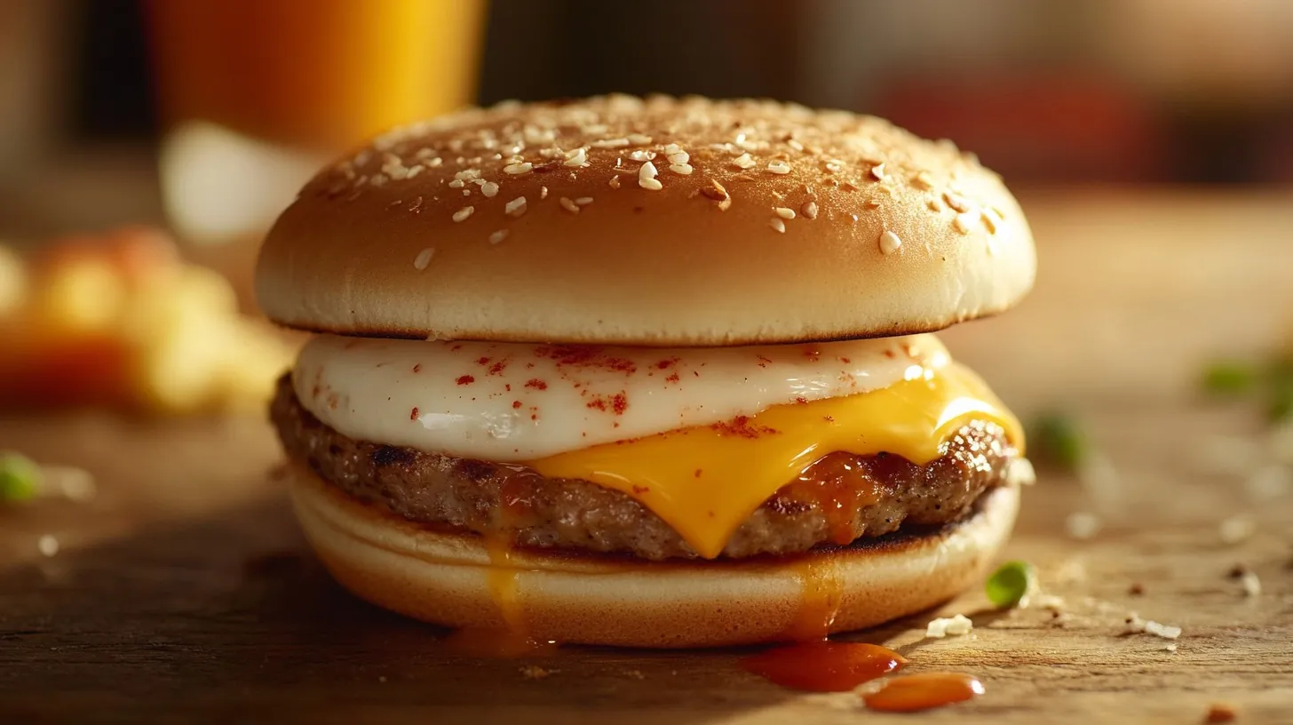 Close-up of a McDonald's breakfast sandwich with a sausage patty, melted cheese, and a perfectly cooked egg, served on a sesame seed bun with sauce dripping down the side.