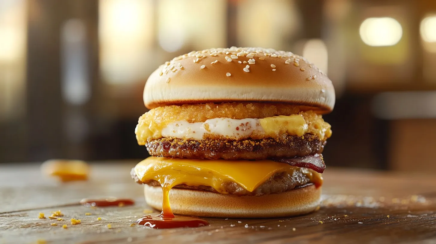 A McDonald's breakfast sandwich showcasing melted cheese, a sausage patty, egg, and tangy sauce inside a sesame seed bun