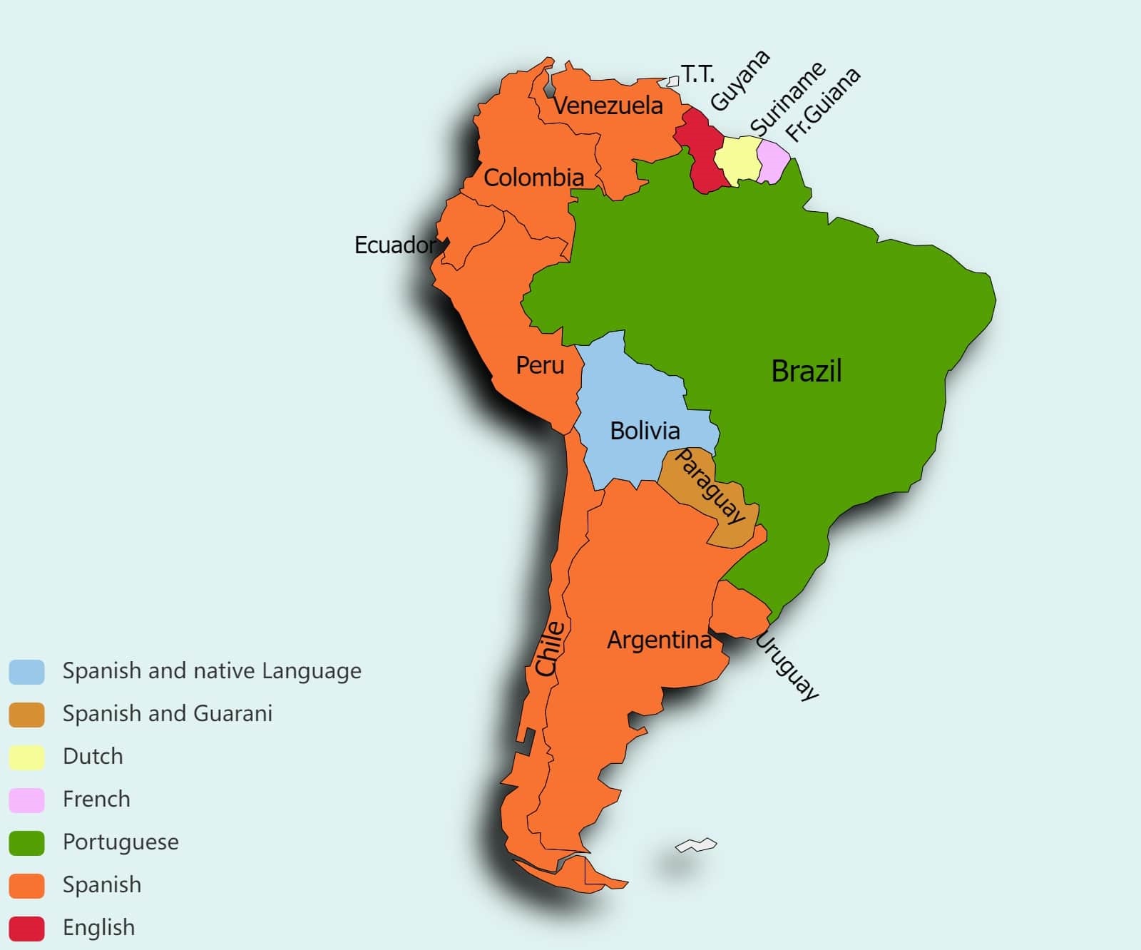 South American countries according to the languages spoken in them