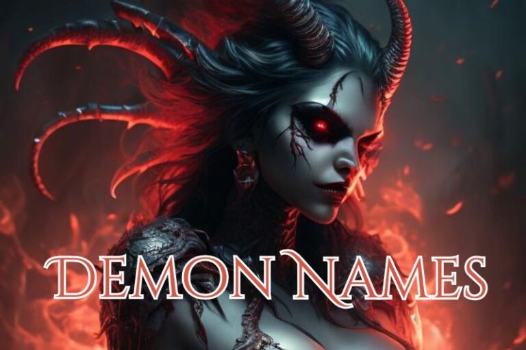 Female Demon With Red Eyes From Hell With Black Horns Standing Behind A Fire