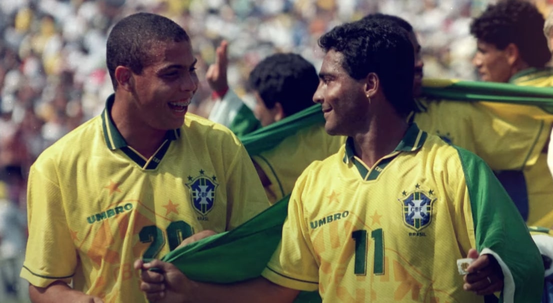 Ronaldo and Romário celebrating their victory at the 1994 World Cup in the USA