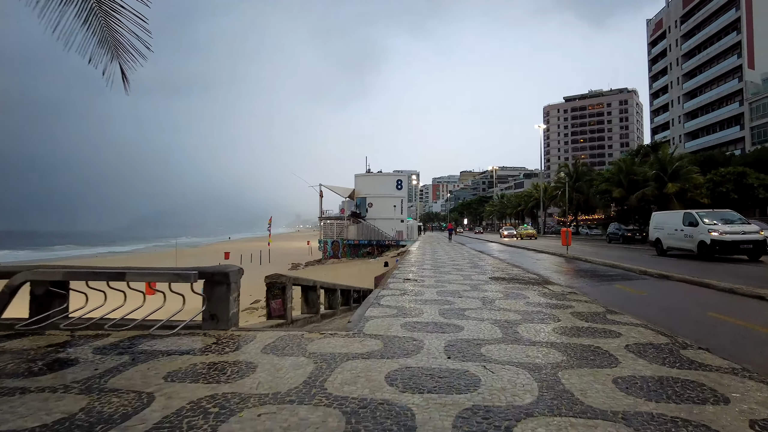 A walk along Ipanema Beach in Rio de Janeiro during a spring rain