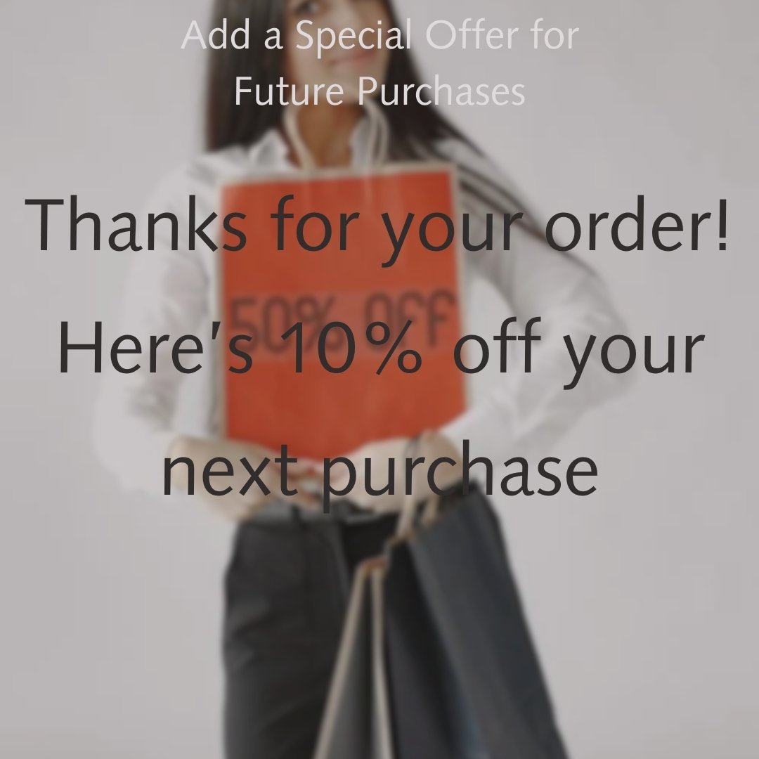 Person holding a 50% off sign with text offering 10% off for the next purchase