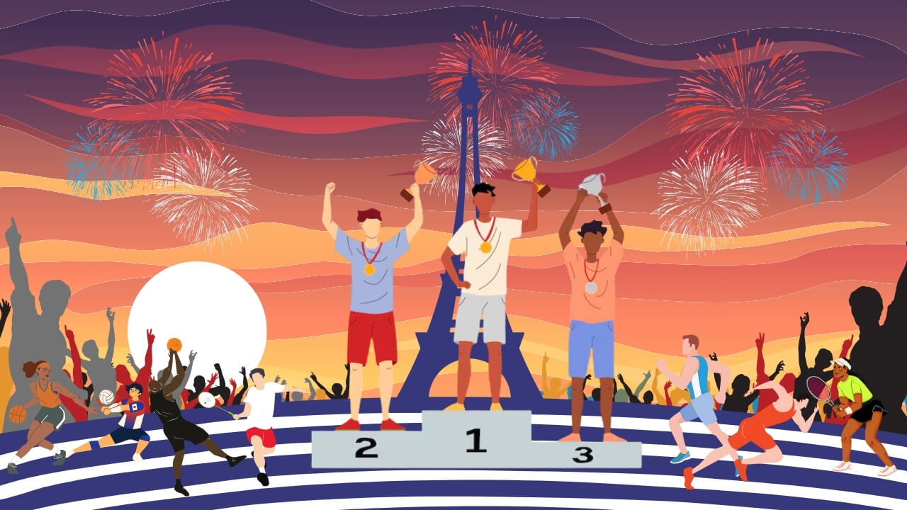 Illustration of Olympic medalists on a podium with the Eiffel Tower and fireworks in the background, celebrating their victories at the Paris 2024 Summer Olympics