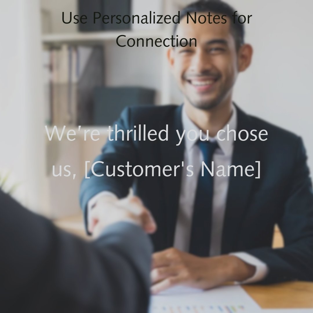 Smiling man shaking hands with personalized thank you note mentioning the customer’s name.