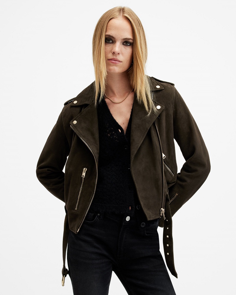 Olive green AllSaints suede biker jacket featuring a classic moto design with asymmetric zippers