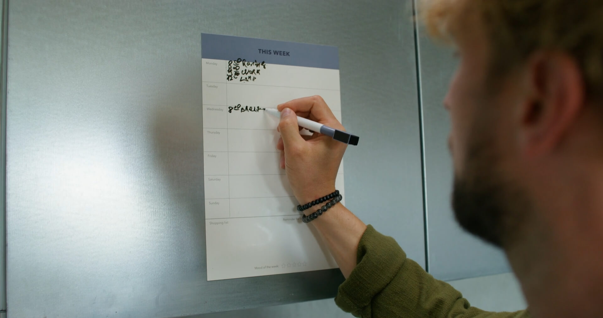 A man is writing a meal planner on the refrigerator