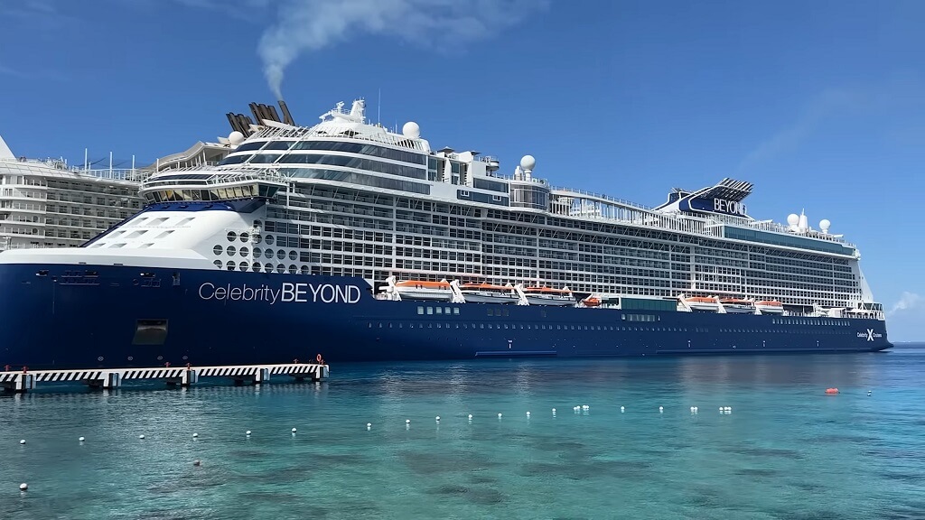 Celebrity Beyond cruise ship docked at harbor