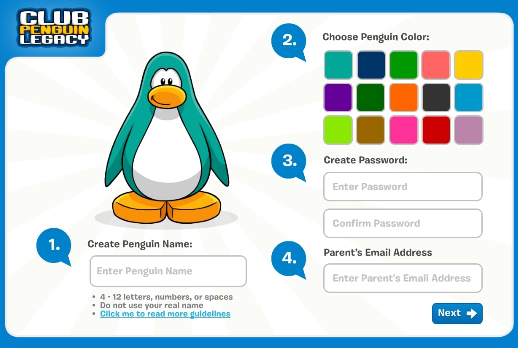 Creating a penguin in the online game Club Penguin