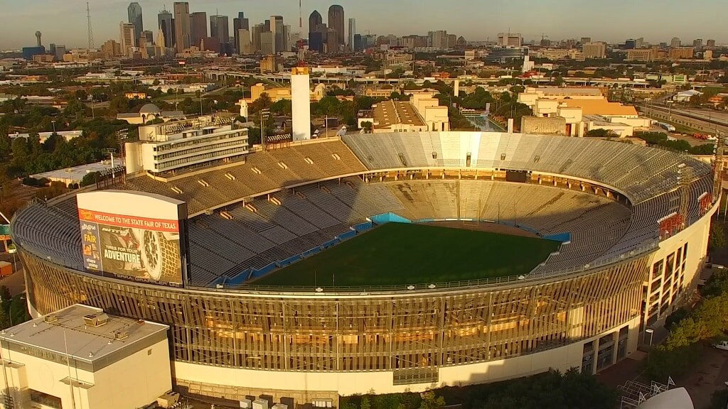 Drone footage of the Cotton Bowl Stadium in Dallas after renovations