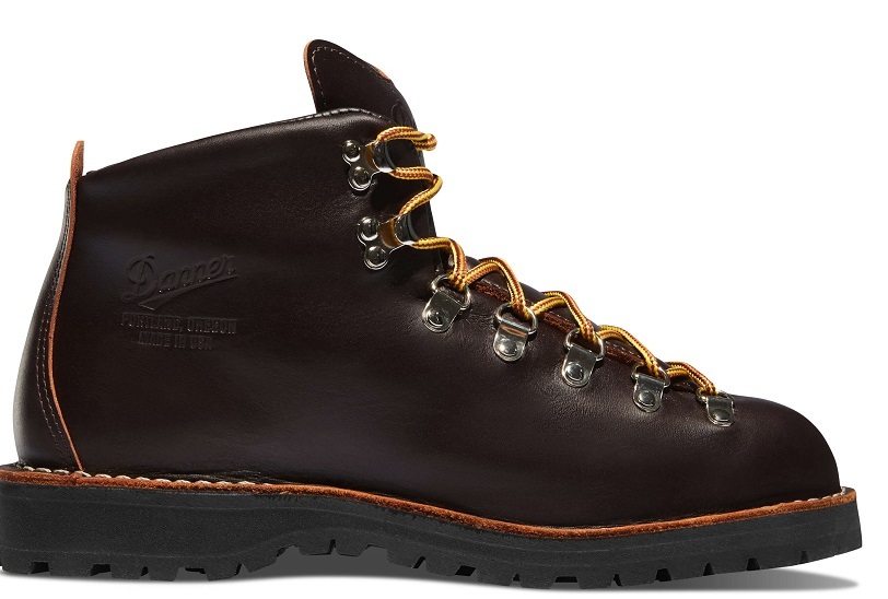 Danner Mountain Light Hiking Boots in dark brown leather with yellow laces