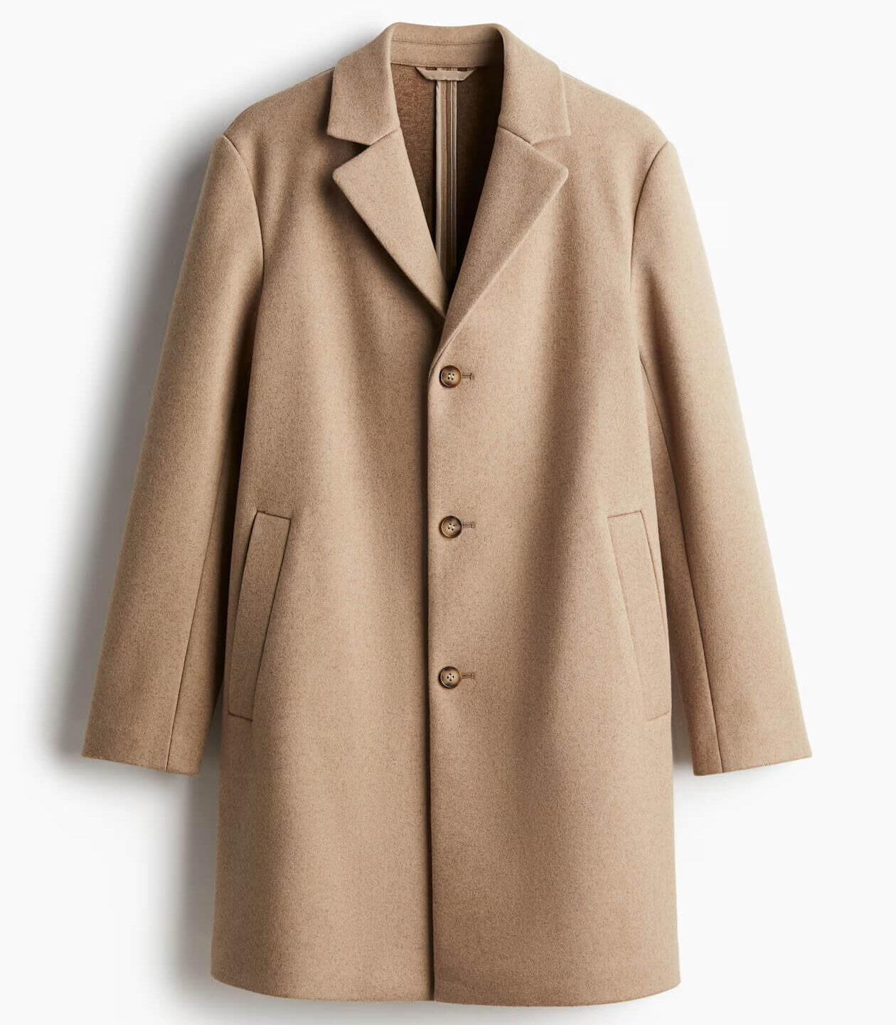 Beige wool-blend coat with notched lapels, three buttons, and side pockets