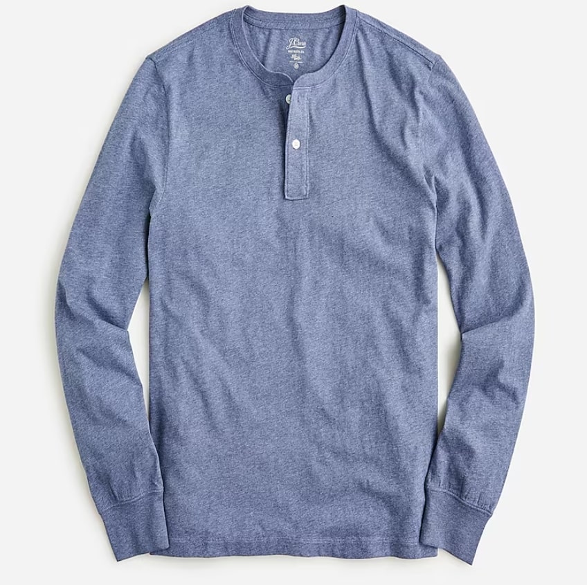 Heather blue long-sleeve henley shirt with a two-button placket