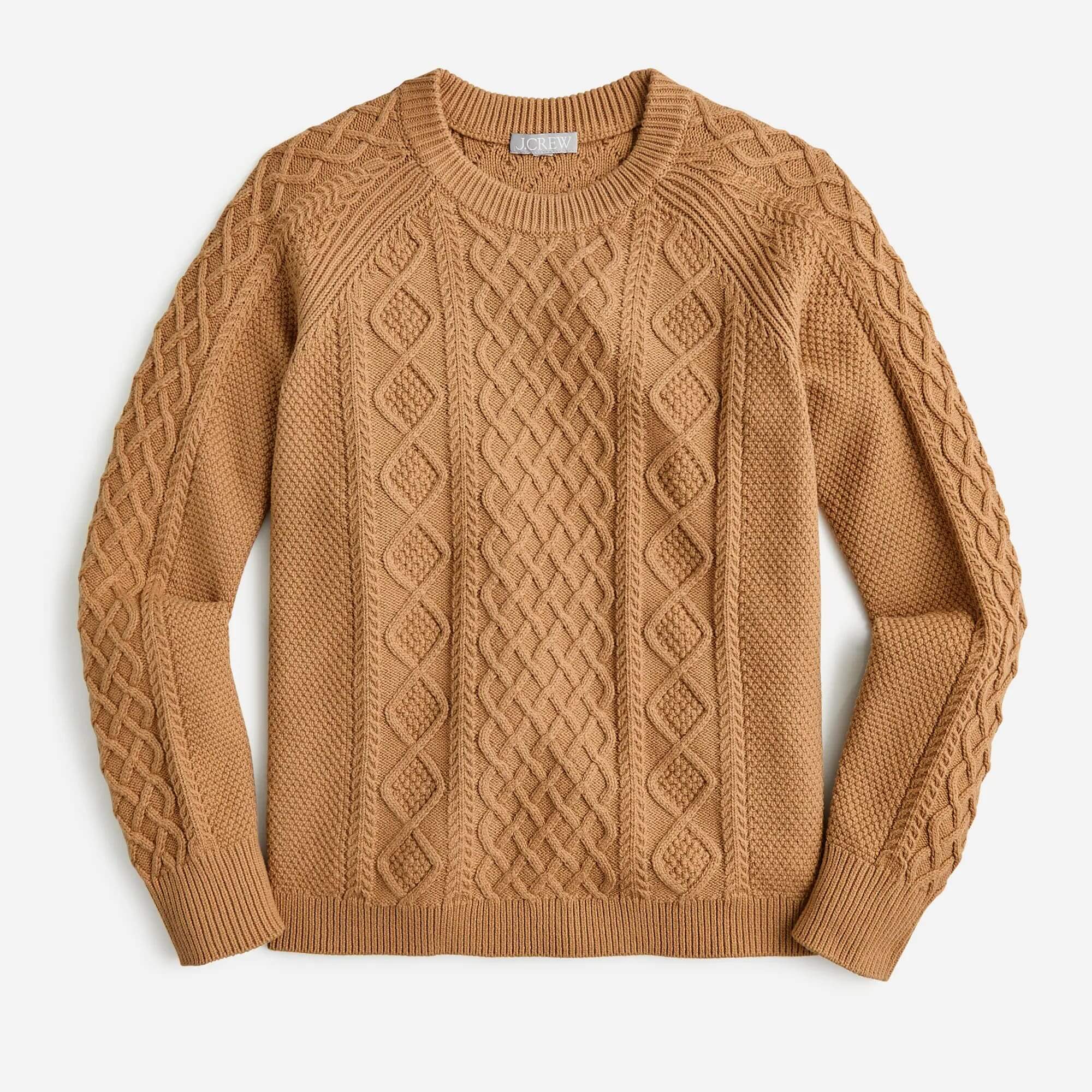 Tan cable-knit sweater with intricate patterns, featuring long sleeves and a crew neckline