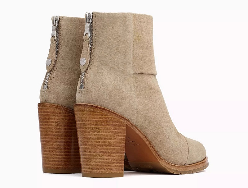 Beige suede Rag & Bone Newbury heeled ankle boots with stacked wooden heels and back zippers