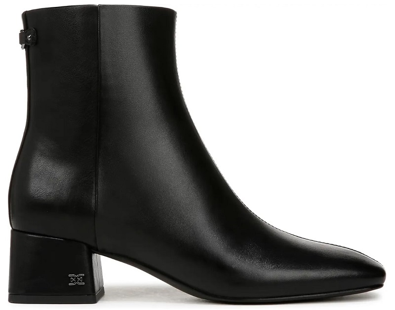 Black leather ankle boots with a block heel and minimal detailing