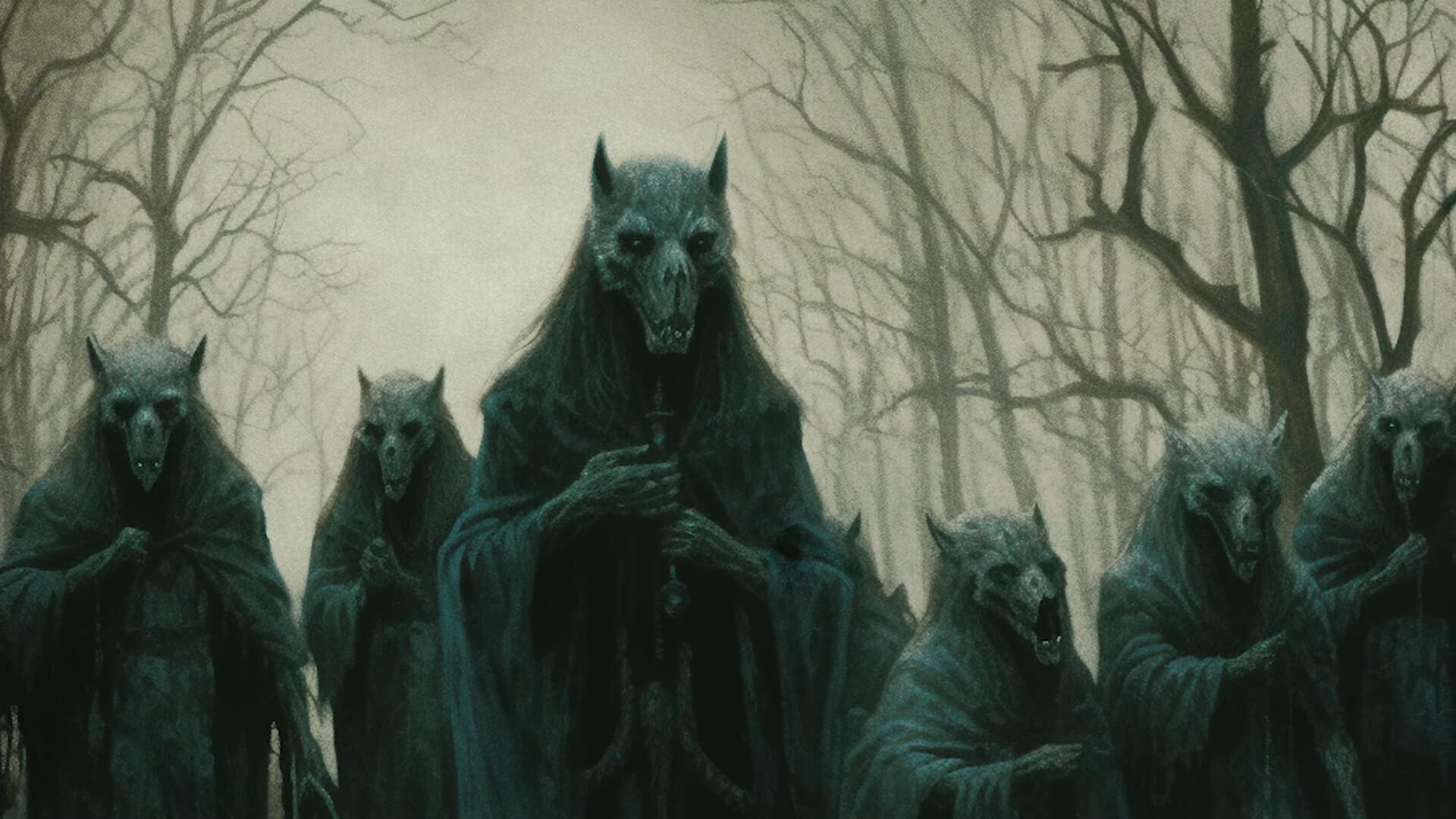 Haunting image of a group of dark figures wearing long robes and animal skulls over their heads