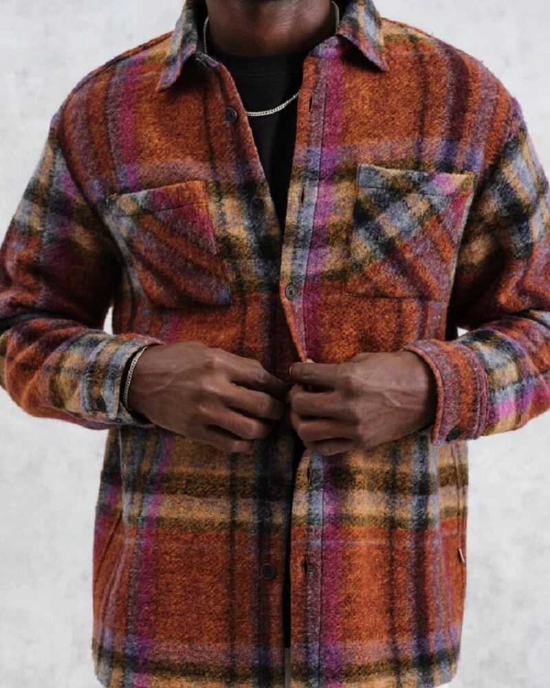 Plaid wool overshirt with vibrant orange and purple tones