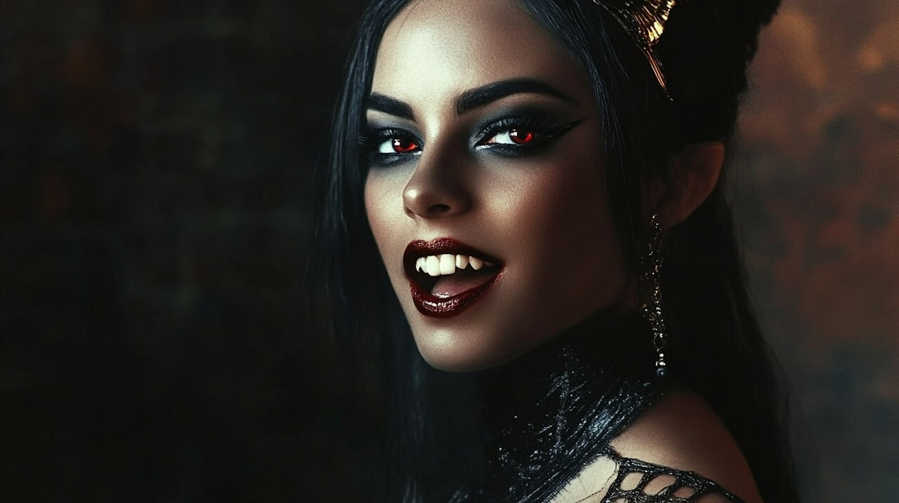 A dark-haired vampire with an alluring smile, dramatic makeup