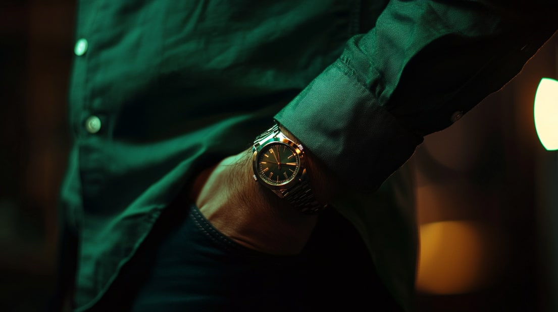 Wristwatch paired with a green shirt