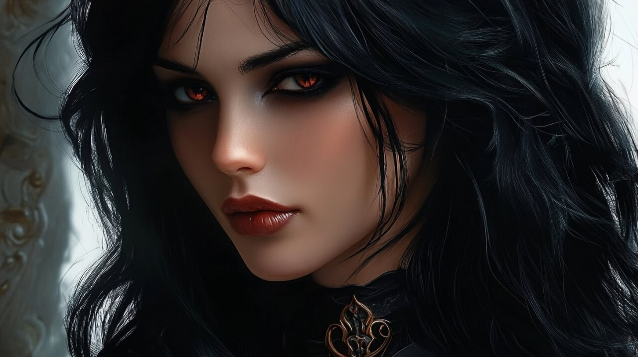 Elegant dark-haired vampire with glowing red eyes