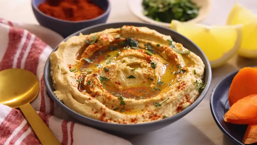 A bowl of creamy hummus topped with olive oil and paprika