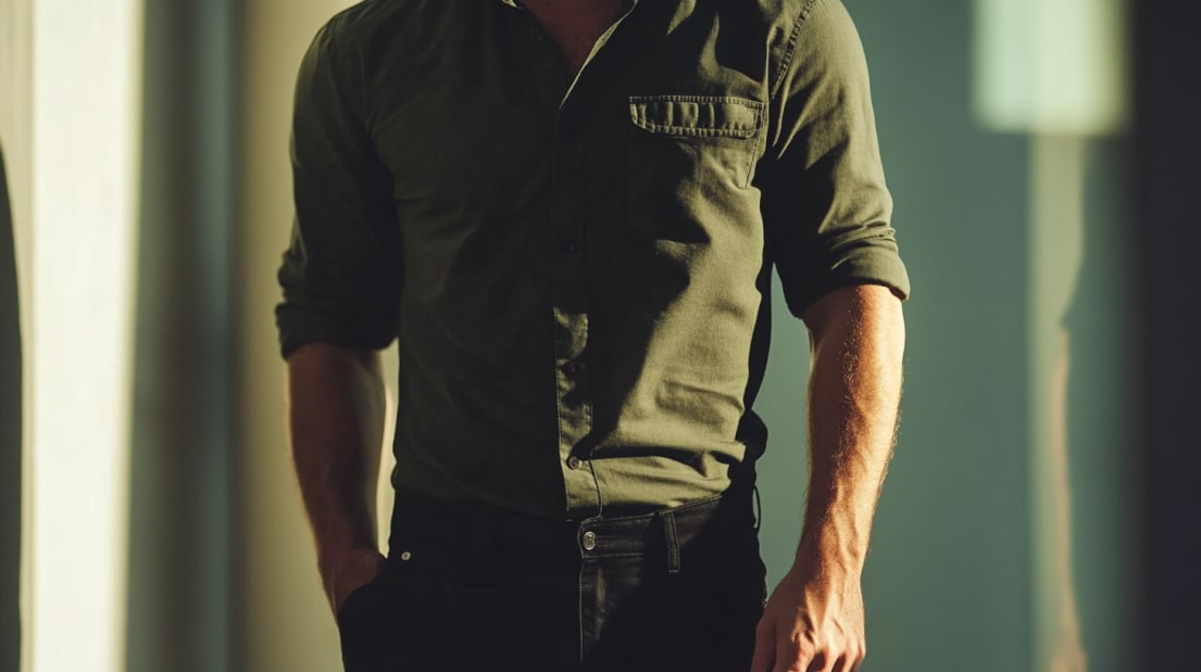 Close-up of a man wearing a dark green shirt with black pants