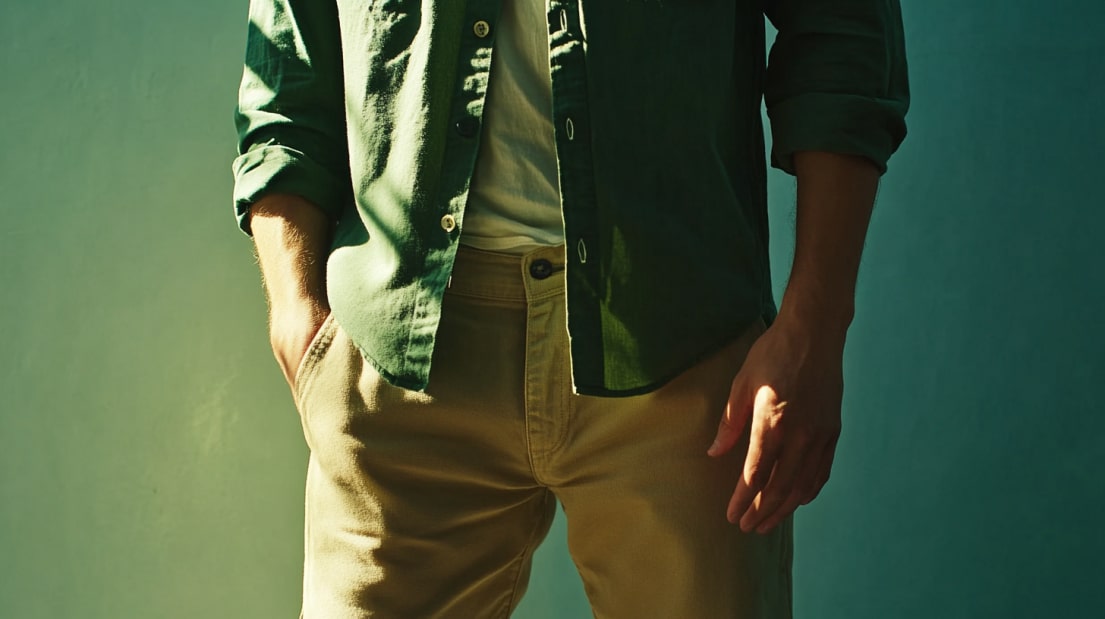 Person dressed in a green shirt and beige pants with one hand in pocket