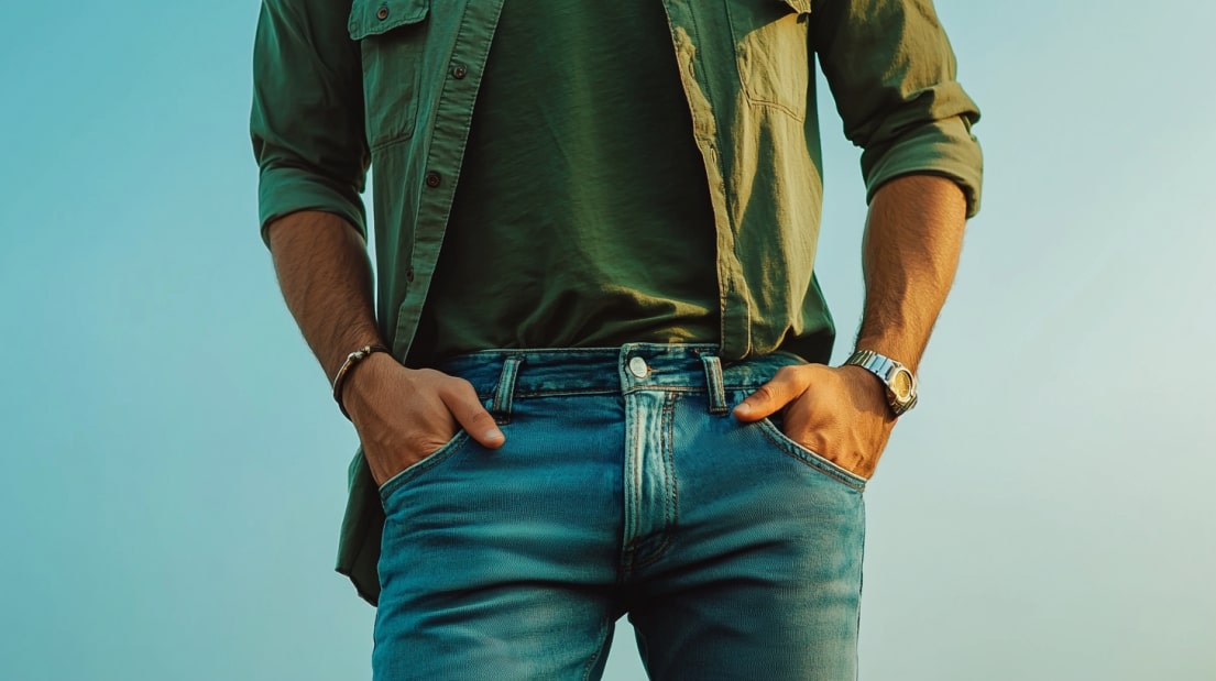 A person wearing a casual green shirt and blue jeans