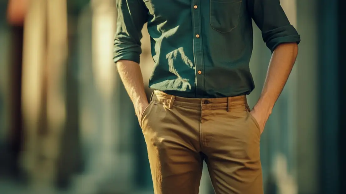 Man in a green shirt paired with khaki pants