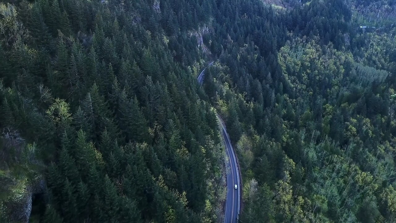 Drone view of the winding curves on Route 20 in the US