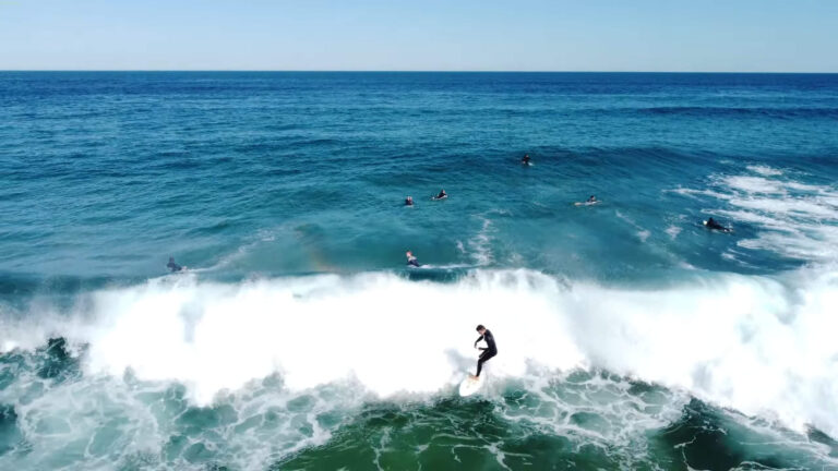 A group of people are surfing on Copacabana beach.