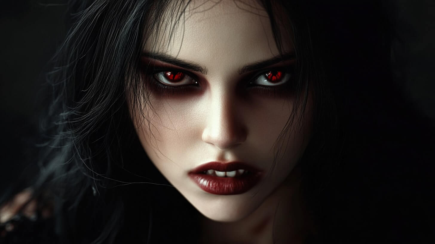 Close-up of a dark-haired vampire with piercing red eyes and sharp fangs