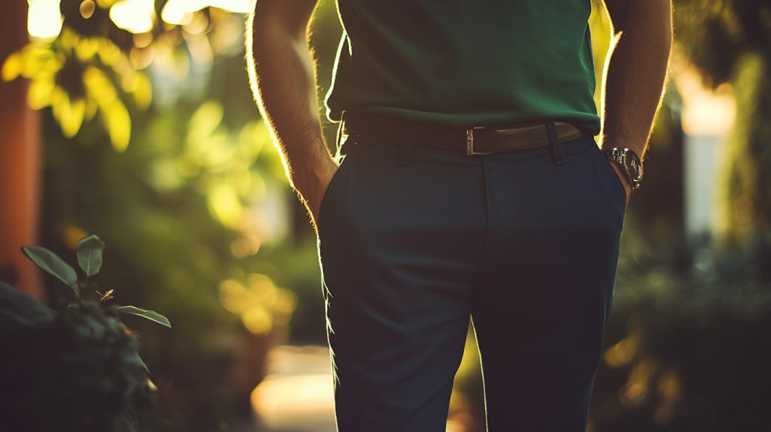 Man in a green shirt with navy blue pants