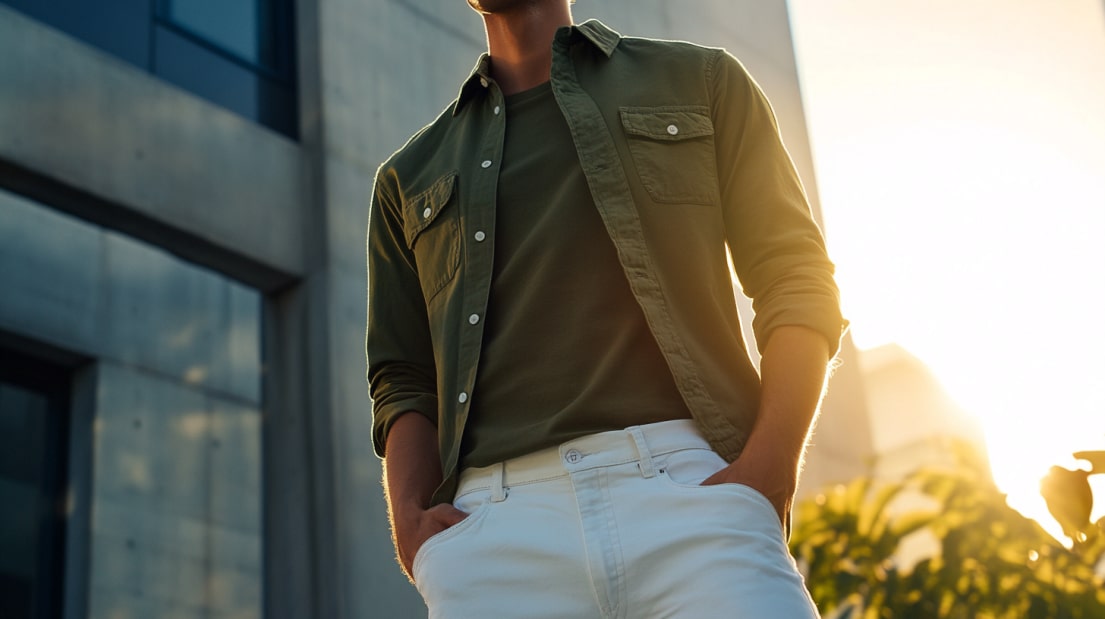 Man in an olive green shirt and white pants