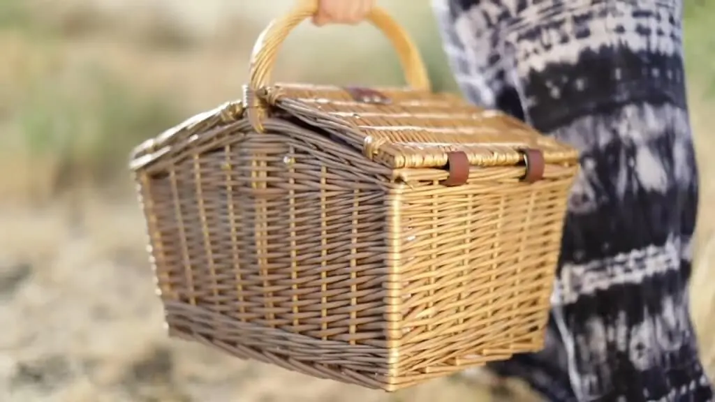 Close-up of a person holding a wicker picnic basket outdoors