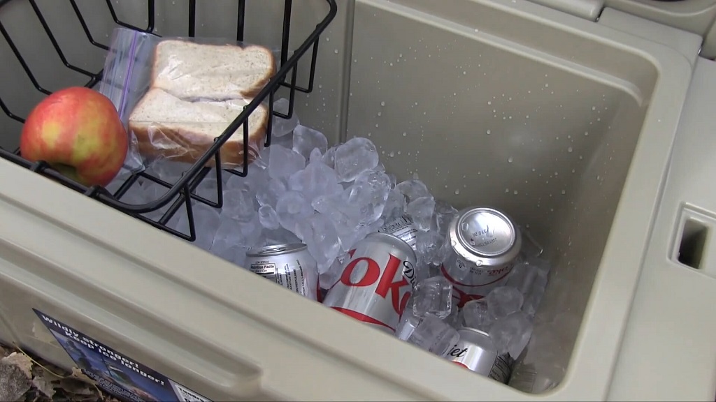 Cooler filled with ice, canned drinks, a sandwich, and an apple