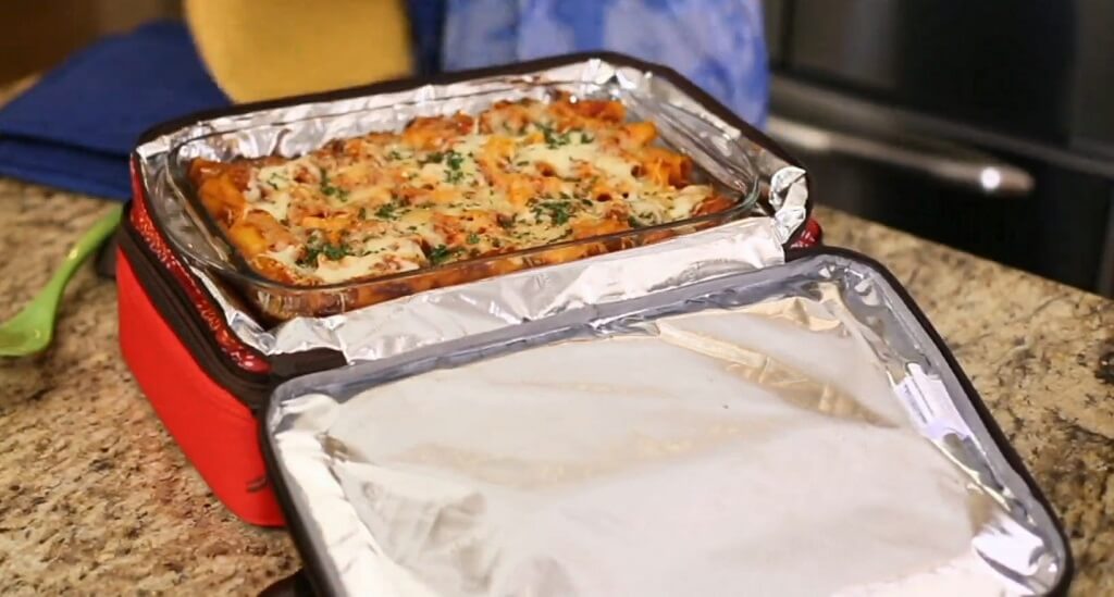 Lasagna dish in an insulated bag