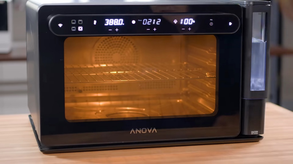 A steam oven set to reheat sausage rolls using precise temperature and humidity settings