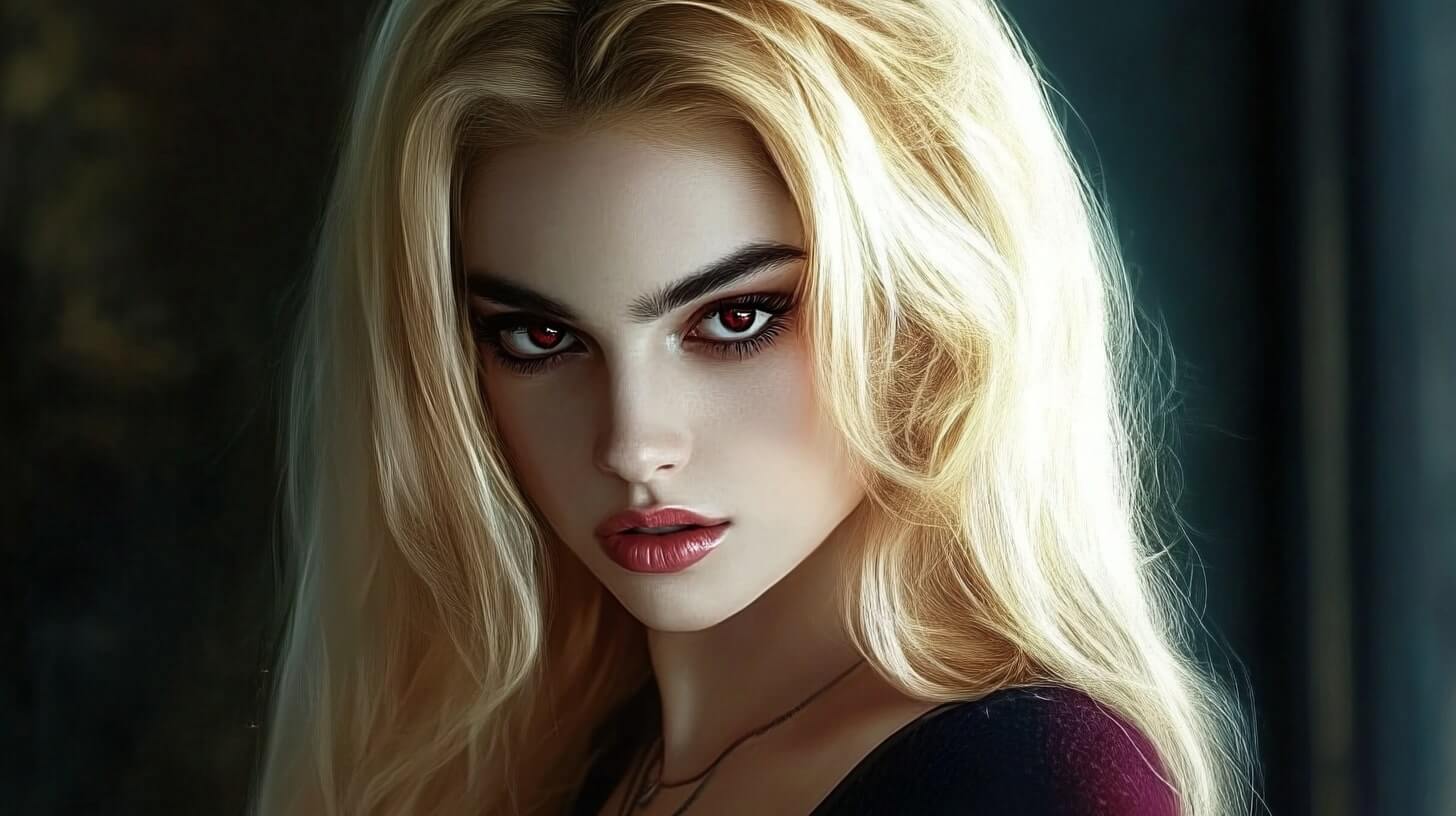 A blonde vampire with intense red eyes and flawless skin