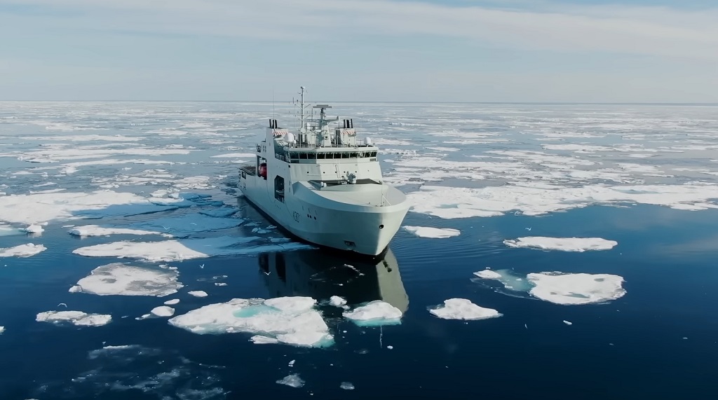 A ship of the Royal Canadian Navy sails through the ice