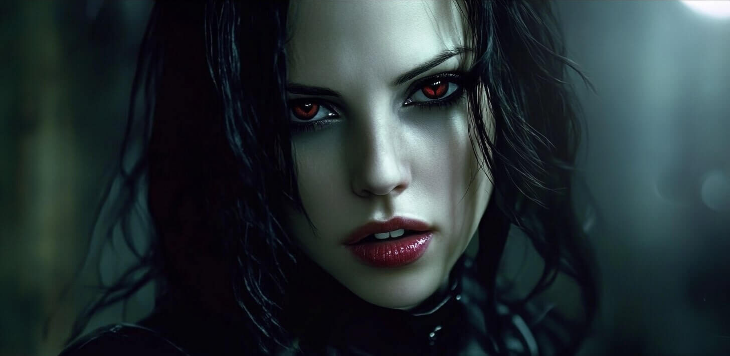 A dark-haired vampire with pale skin and striking red eyes, shrouded in shadows