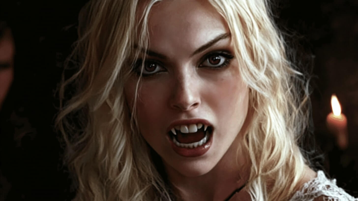 A blonde vampire with wild hair, sharp fangs bared