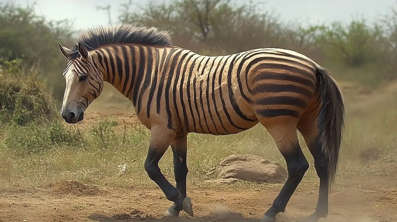 A zorse walking in a natural savanna-like environment