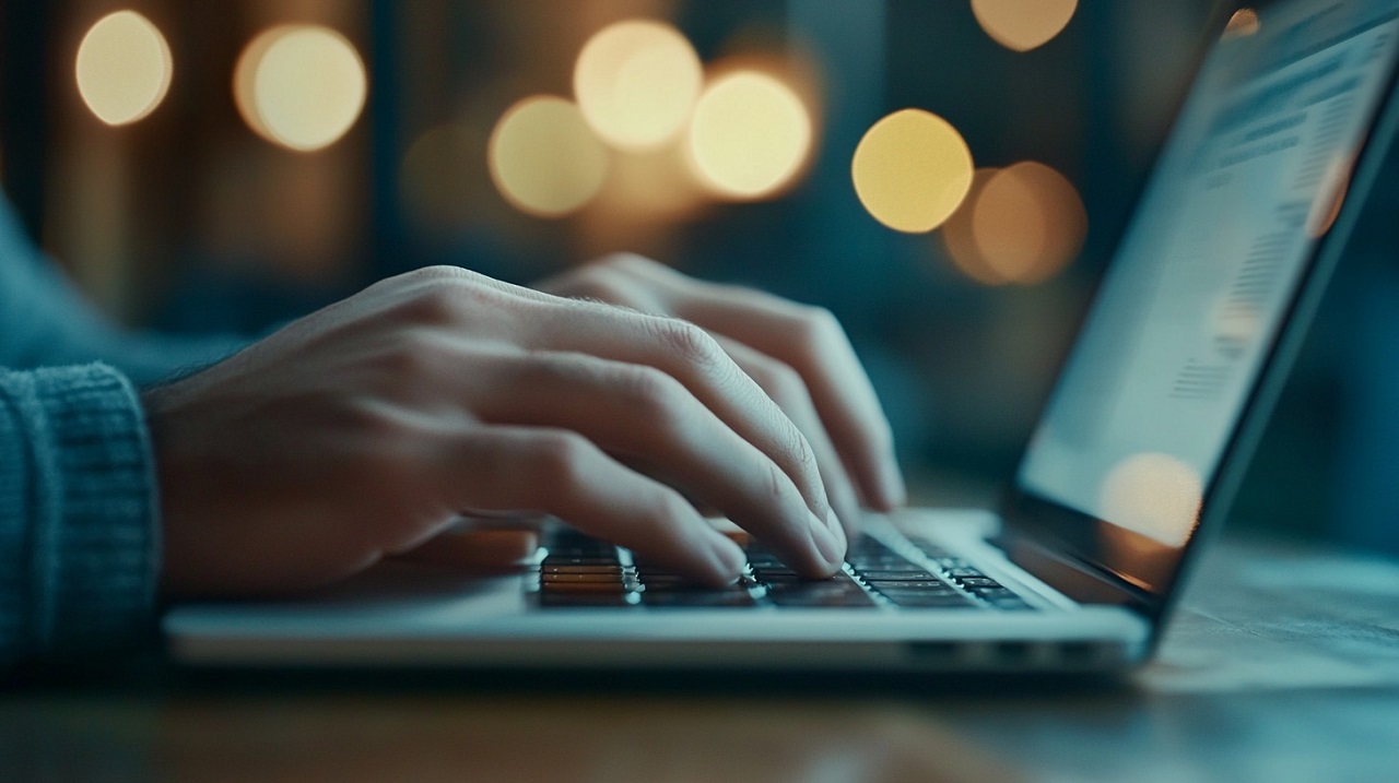 A customer service representative typing on a laptop