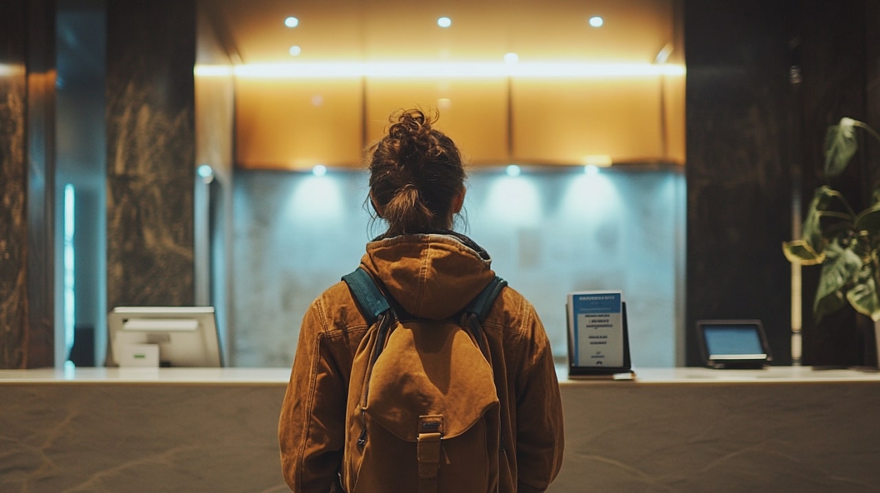 Woman checking in at the hotel reception