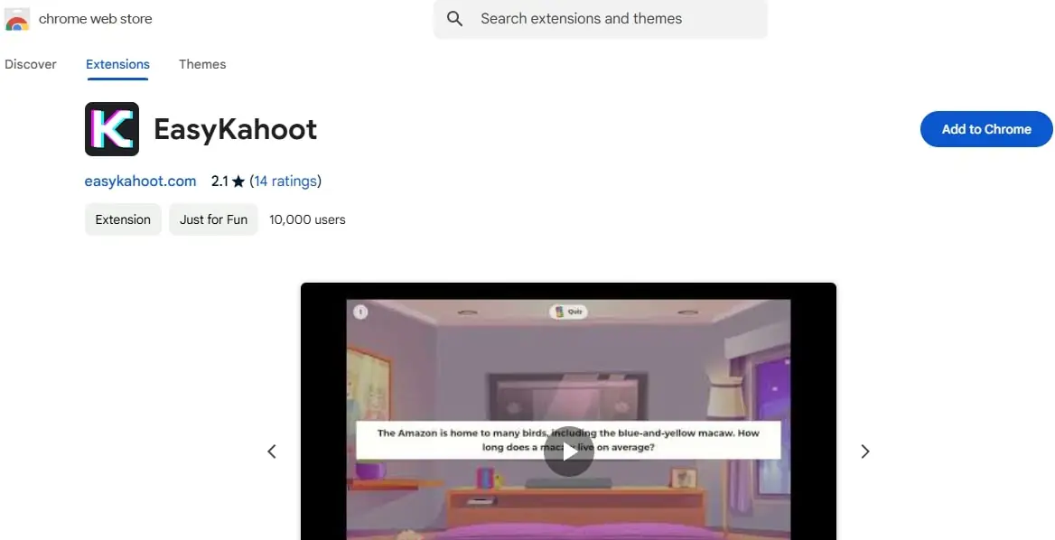 Easy Kahoot extension in Chrome web store