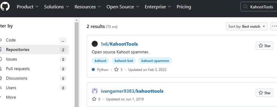 Github KahootTools respositories