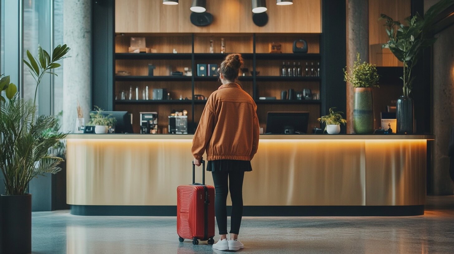 Woman with a suitcase approaching the hotel reception