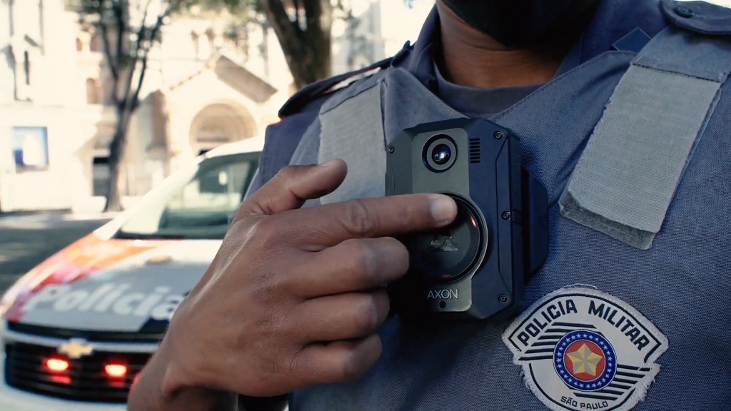 Police officer in Brazil wearing a body camera during operations